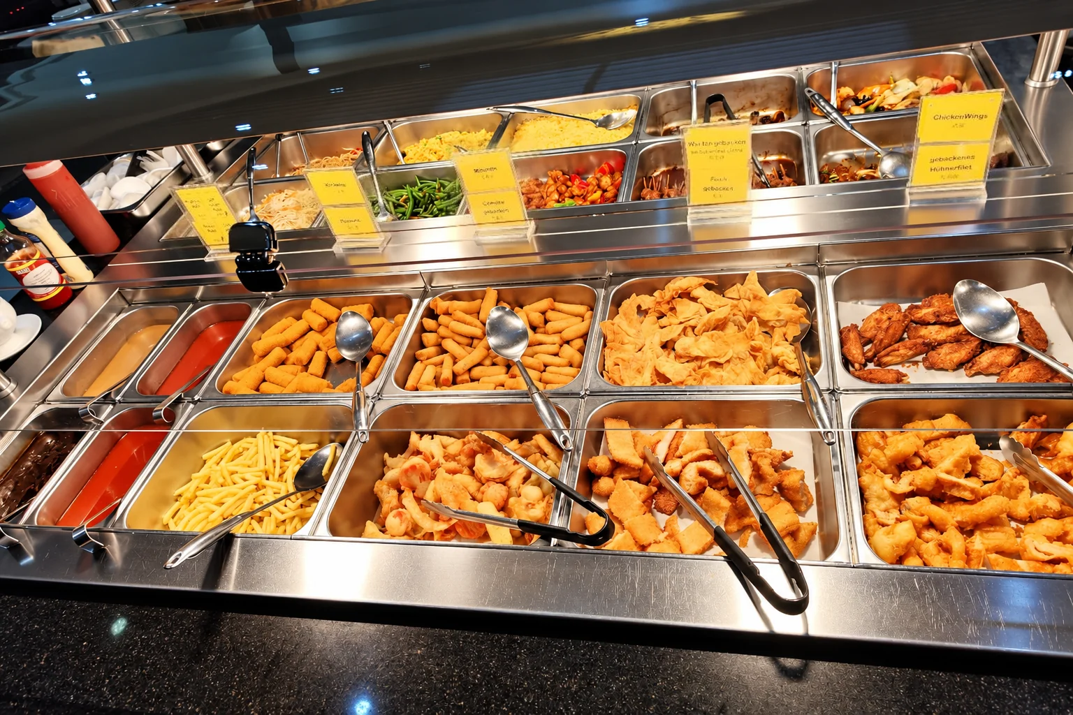 Buffet trays with fries, fried dishes and chicken wings, yellow signs, spoons and tongs.