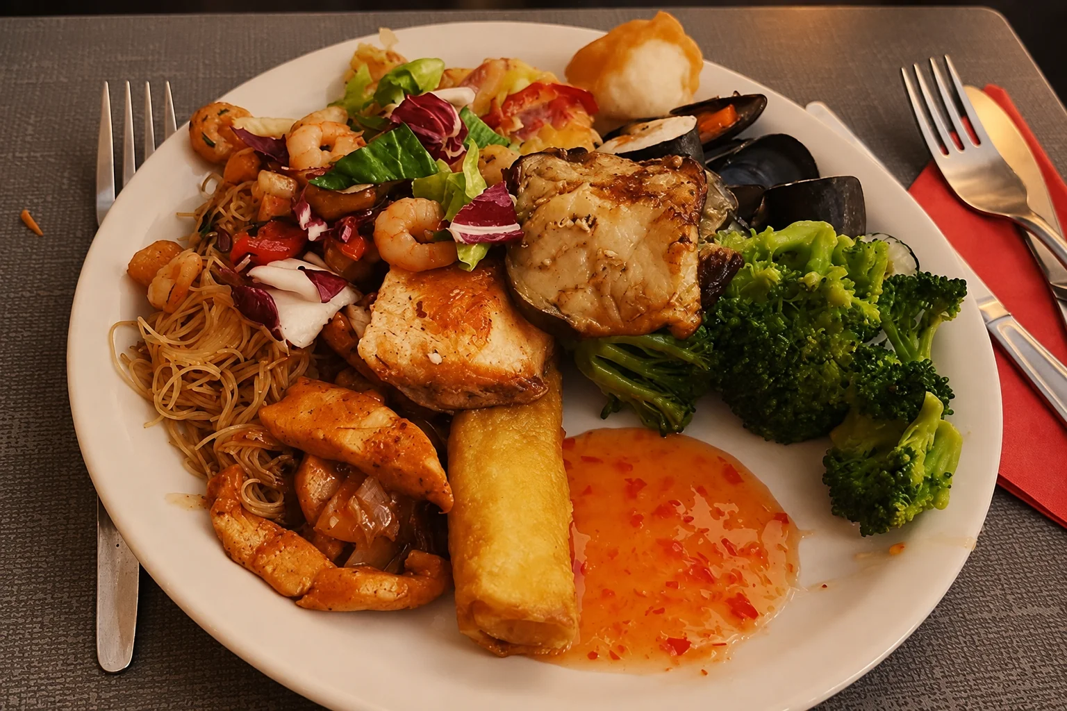A plate from the buffet with prawns, mussels, rice noodles, broccoli, a spring roll and red sauce, in warm evening light.