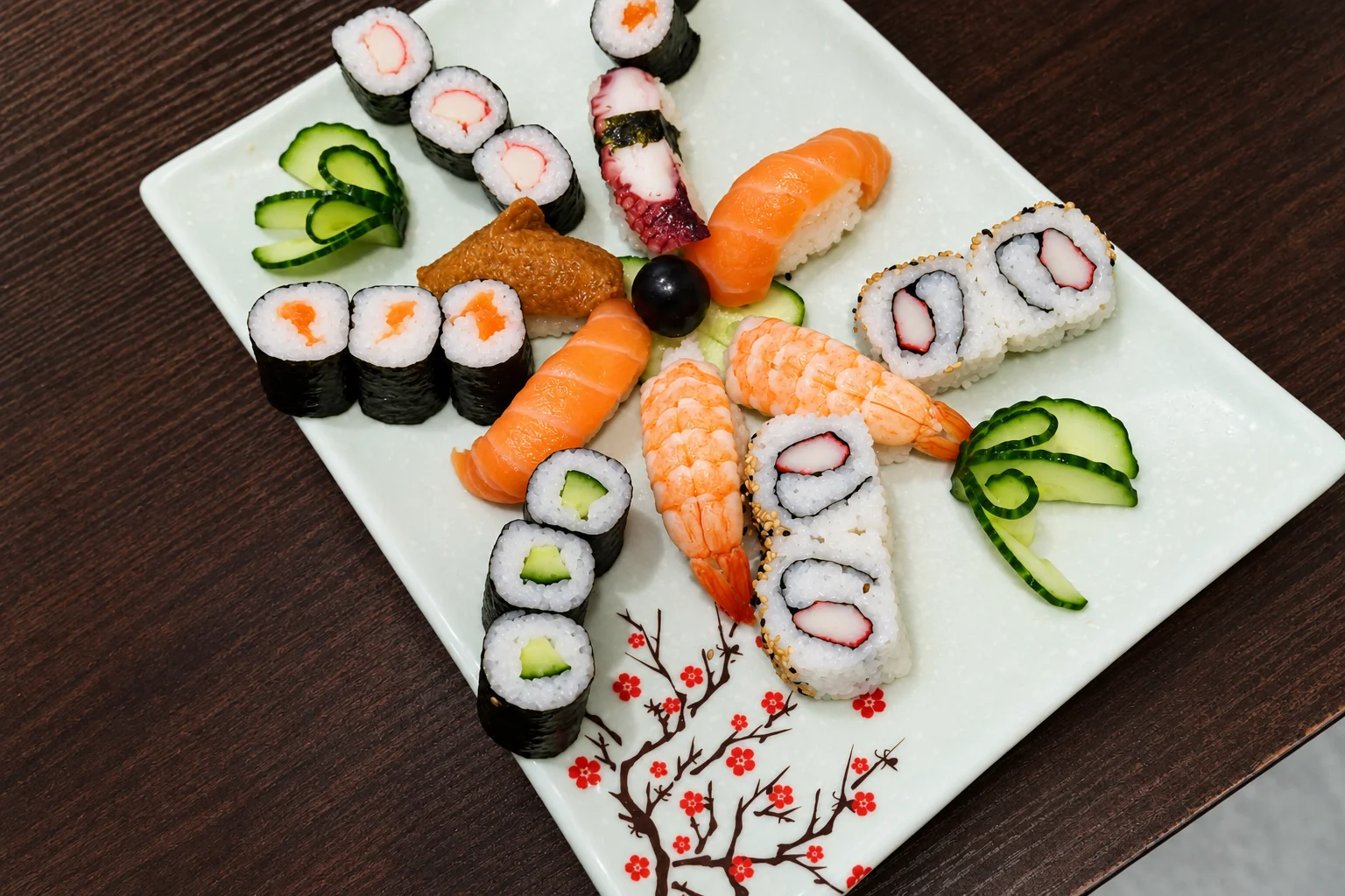 Maki, inside-out rolls and nigiri with salmon, prawn and octopus on a white plate with a cherry-blossom pattern, on a dark wooden table.